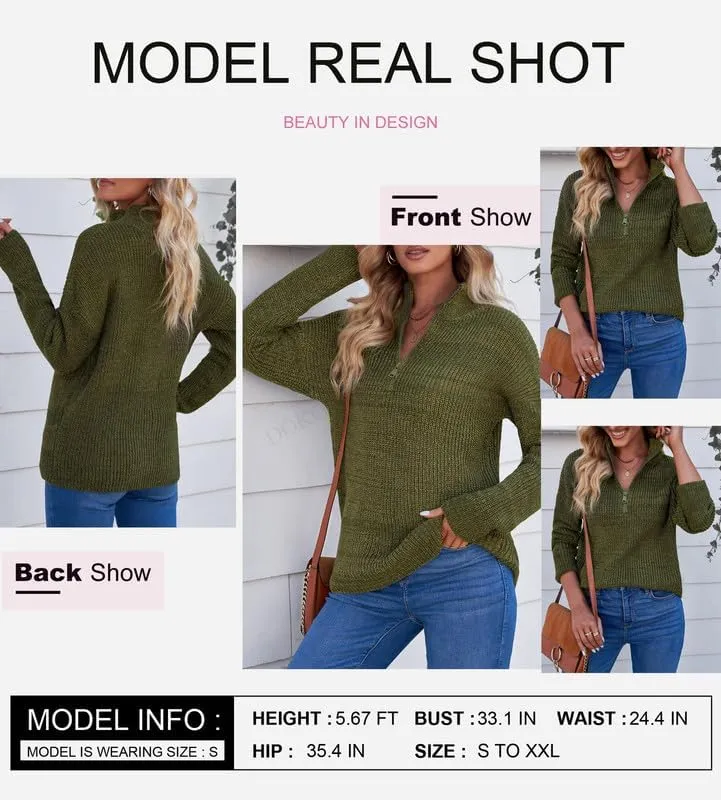 Dokotoo Womens Sweaters Long Sleeve 1/4 Zip Pullover Polo V Neck Dressy Casual Tops