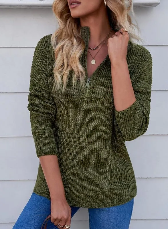 Dokotoo Womens Sweaters Long Sleeve 1/4 Zip Pullover Polo V Neck Dressy Casual Tops