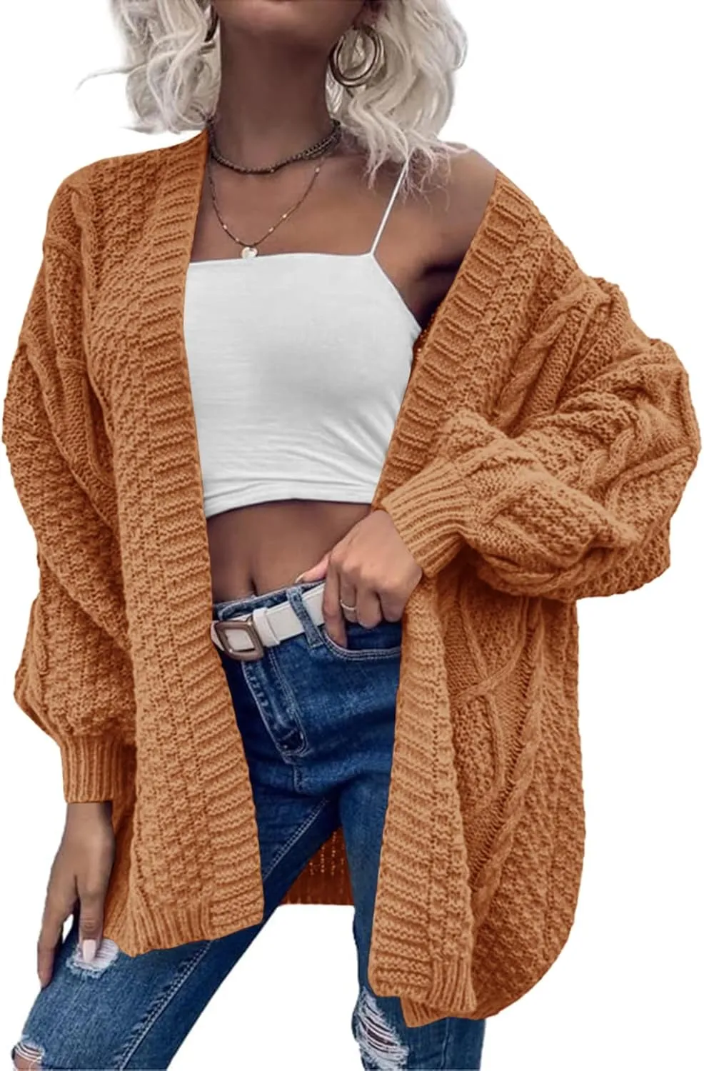 Dyexces Womens Oversized Cardigan Sweaters Open Front Cable Knit Lantern Long Sleeve Chunky Outwear Coats