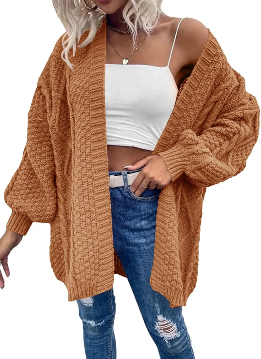 Dyexces Womens Oversized Cardigan Sweaters Open Front Cable Knit Lantern Long Sleeve Chunky Outwear Coats