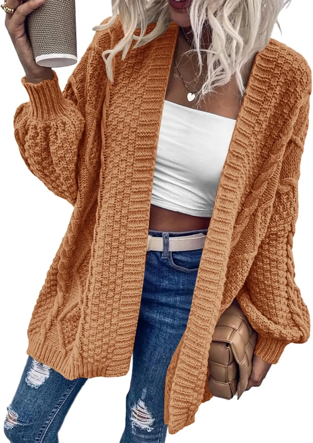 Dyexces Womens Oversized Cardigan Sweaters Open Front Cable Knit Lantern Long Sleeve Chunky Outwear Coats