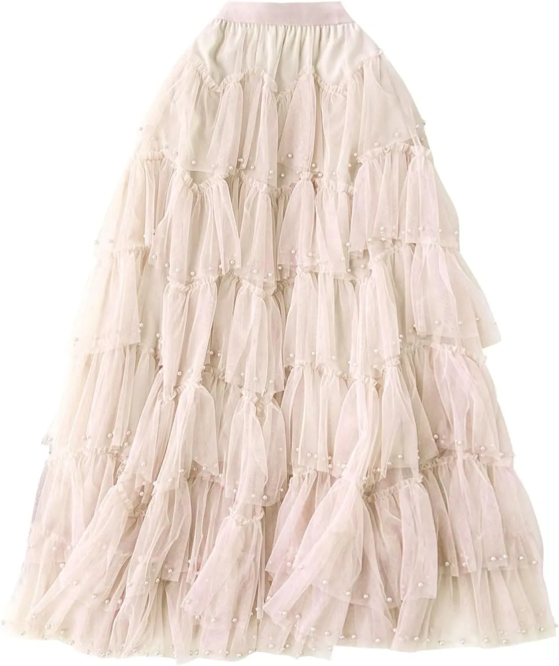 Early Spring Mesh Skirt High Waisted Solid Color Pearl Ruffle Patchwork Cake Skirt Beaded Christmas Skirt for