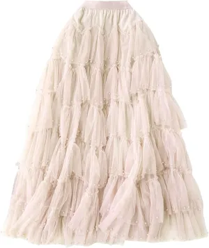 Early Spring Mesh Skirt High Waisted Solid Color Pearl Ruffle Patchwork Cake Skirt Beaded Christmas Skirt for
