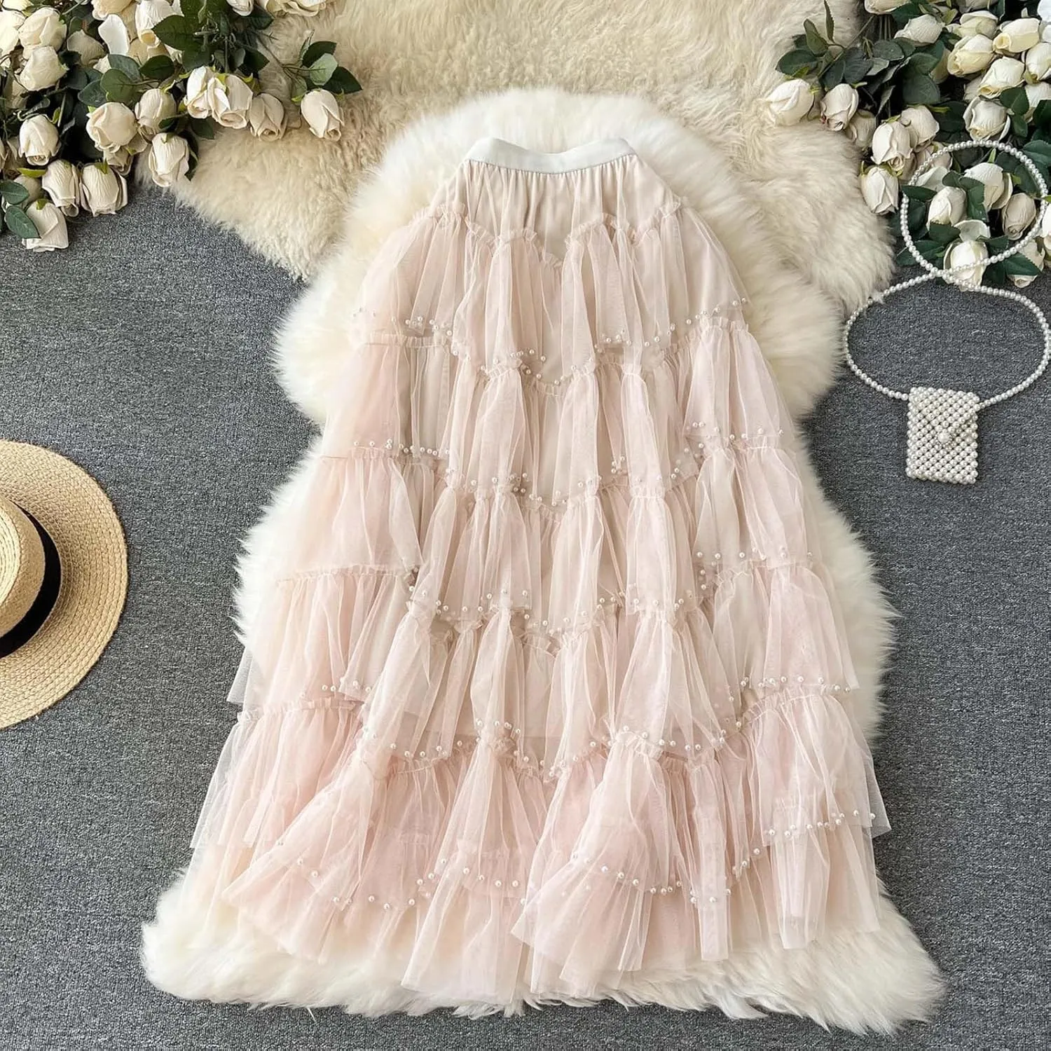 Early Spring Mesh Skirt High Waisted Solid Color Pearl Ruffle Patchwork Cake Skirt Beaded Christmas Skirt for
