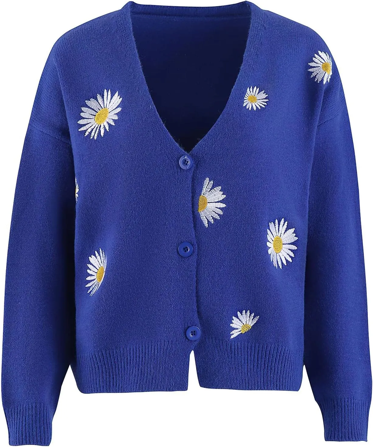 ebossy Women's Cute Embroidery Daisy Floral Knit Cardigan Open Front Button Up Y2K Artistic Aesthetic Sweater Outwear