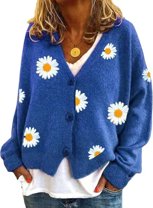 ebossy Women's Cute Embroidery Daisy Floral Knit Cardigan Open Front Button Up Y2K Artistic Aesthetic Sweater Outwear