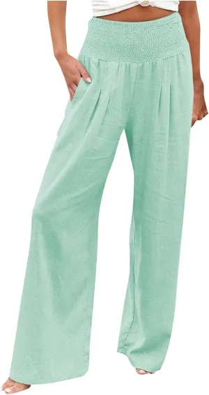 Elastic Waist Linen Pants Women Summer Smocked High Waisted Wide Leg Pants Office Pull On Work Trousers with Pockets