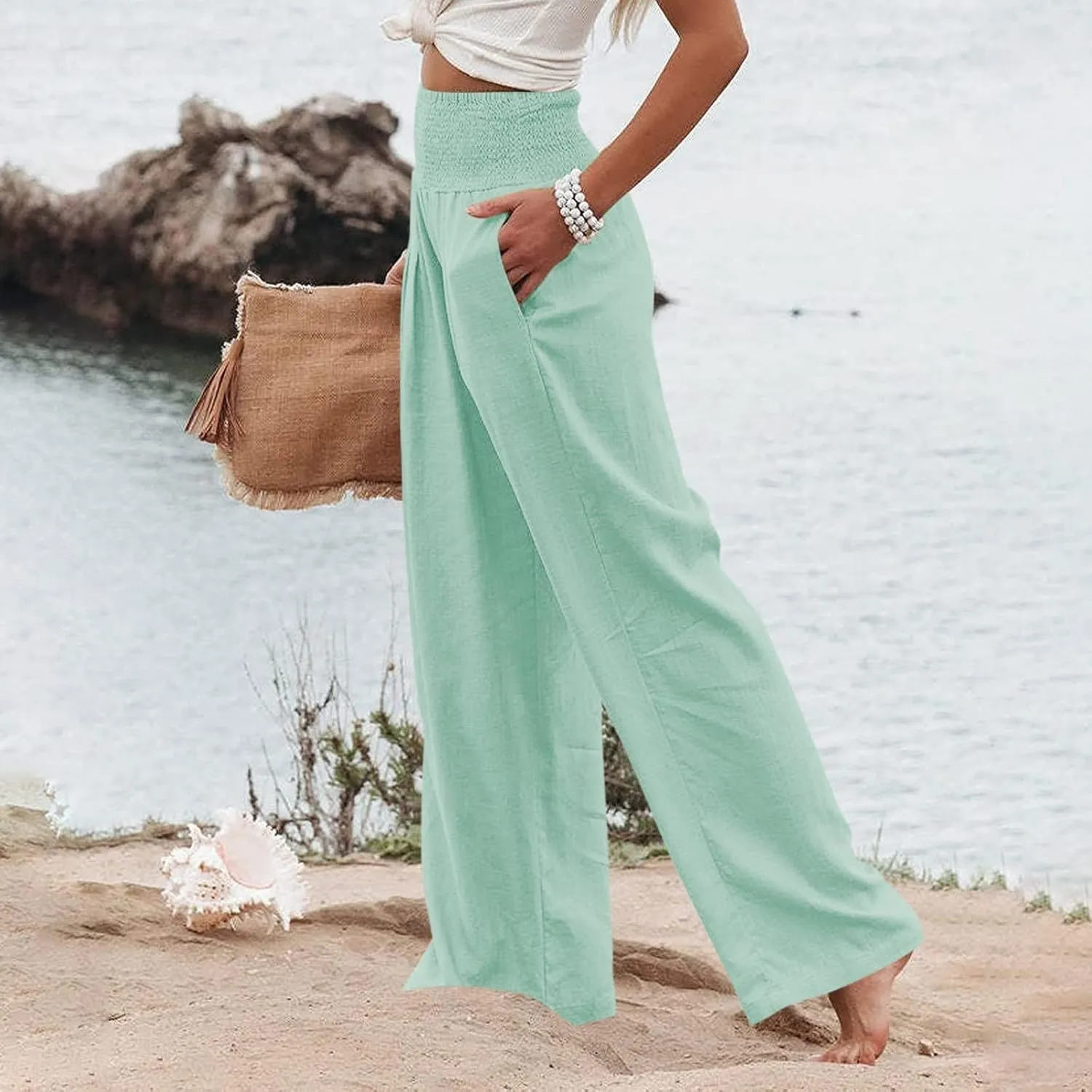 Elastic Waist Linen Pants Women Summer Smocked High Waisted Wide Leg Pants Office Pull On Work Trousers with Pockets