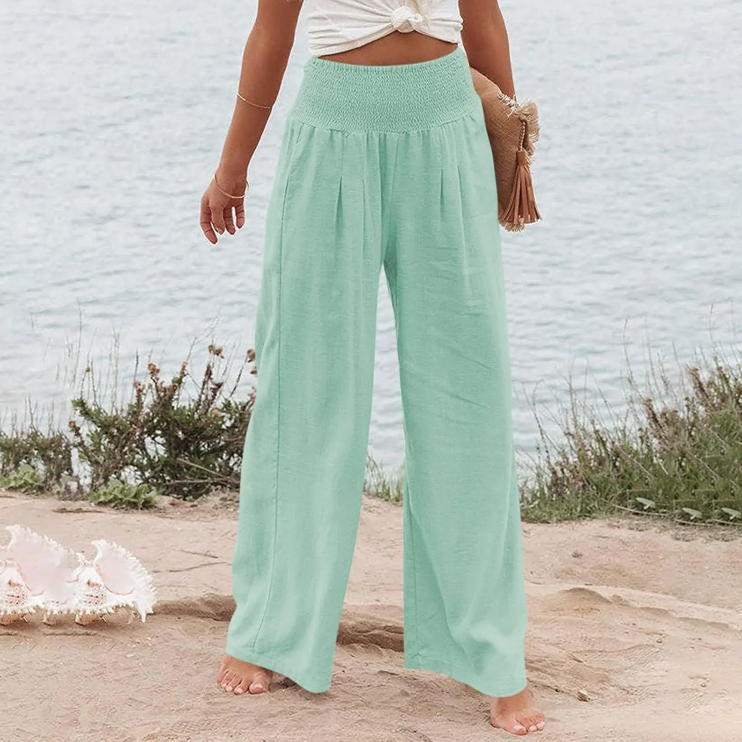 Elastic Waist Linen Pants Women Summer Smocked High Waisted Wide Leg Pants Office Pull On Work Trousers with Pockets