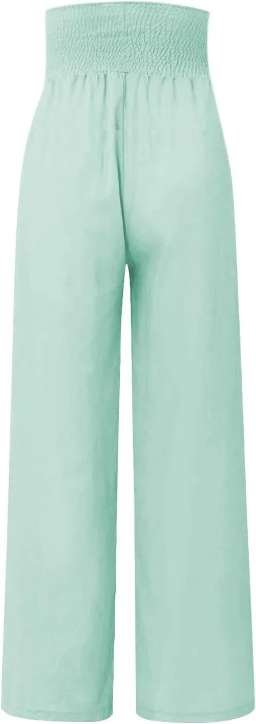 Elastic Waist Linen Pants Women Summer Smocked High Waisted Wide Leg Pants Office Pull On Work Trousers with Pockets