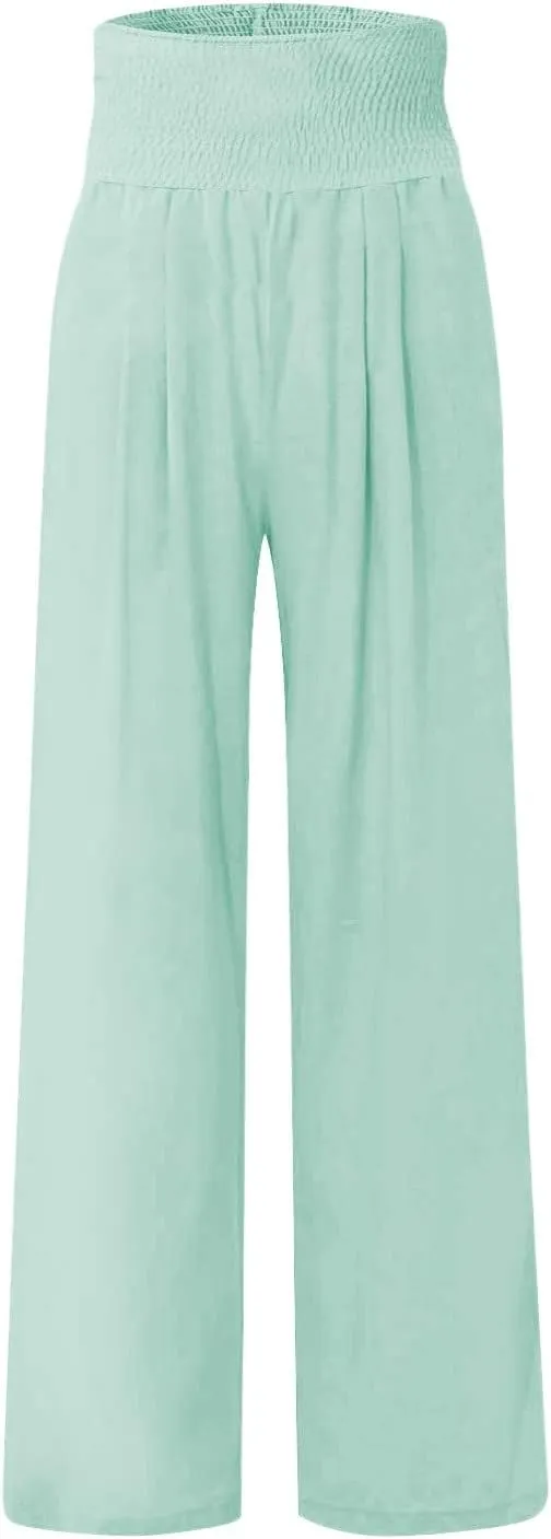 Elastic Waist Linen Pants Women Summer Smocked High Waisted Wide Leg Pants Office Pull On Work Trousers with Pockets