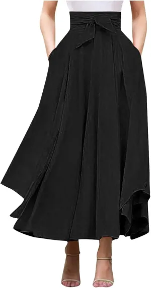 Elegant High Waist Skirt for Women Casual Bohemian Maxi Skirt with Pockets Asymmetrical Hem Womens Denim Skirts