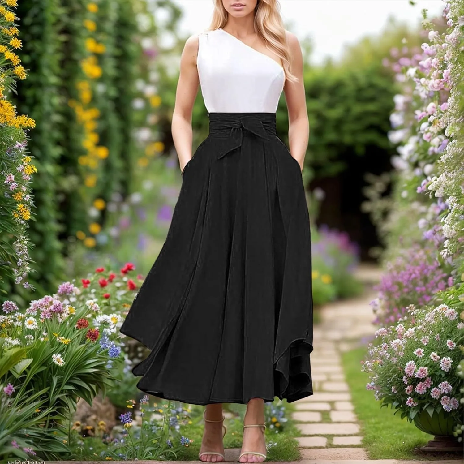 Elegant High Waist Skirt for Women Casual Bohemian Maxi Skirt with Pockets Asymmetrical Hem Womens Denim Skirts