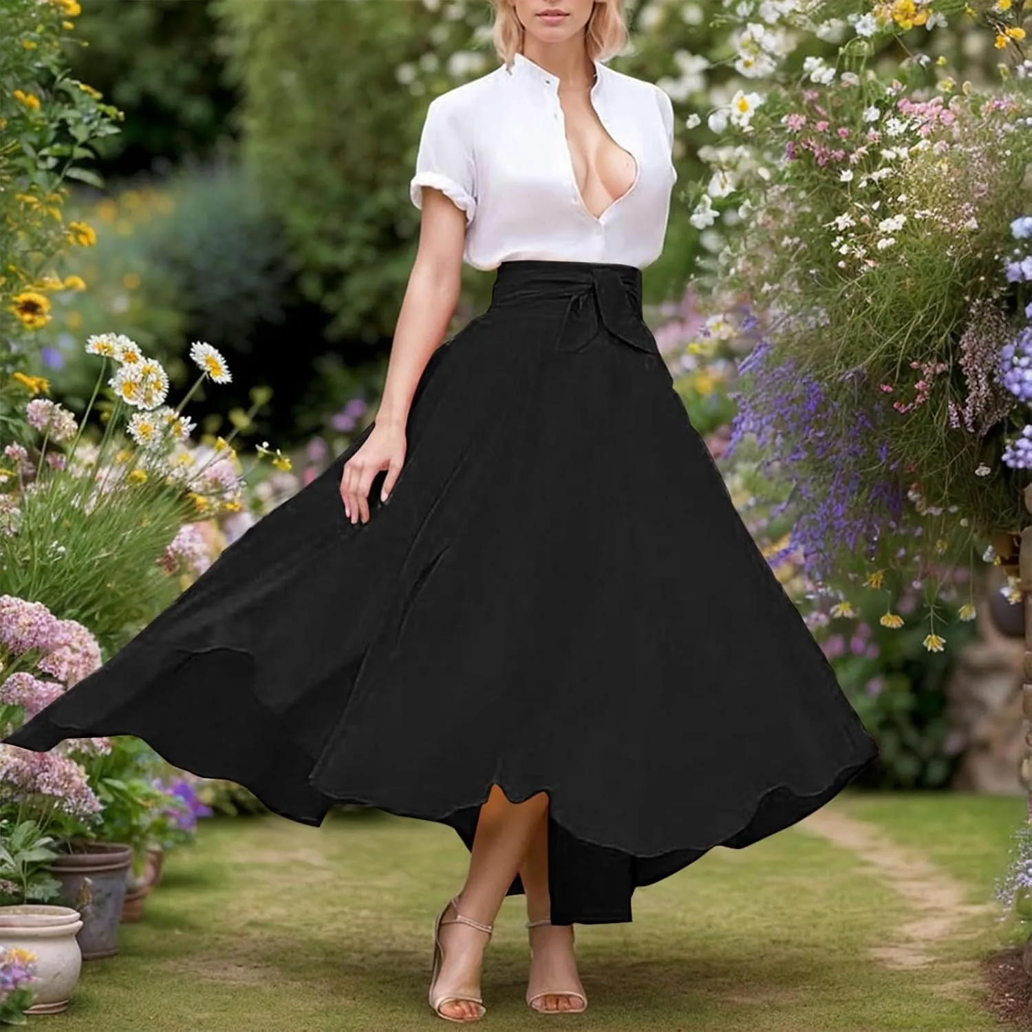 Elegant High Waist Skirt for Women Casual Bohemian Maxi Skirt with Pockets Asymmetrical Hem Womens Denim Skirts