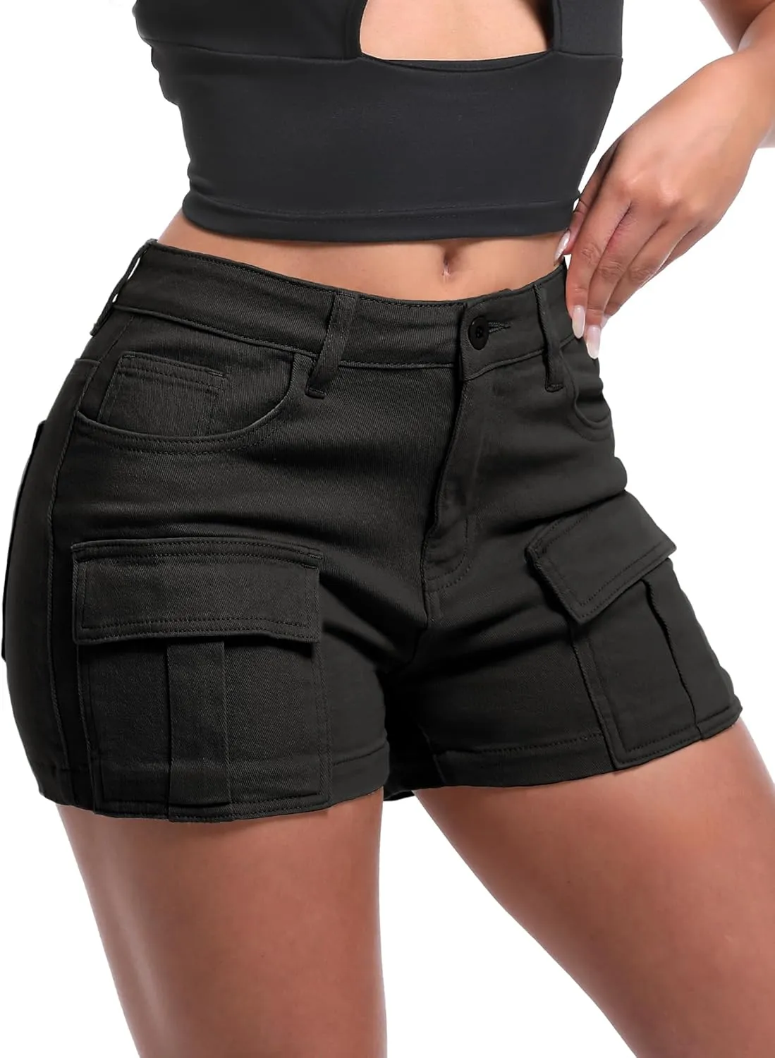 ELLEVEN High-Stretch Women's Cargo Jean Shorts, Trendy High-Waisted Cotton Denim Shorts with Pockets, Y2K Mini Denim Shorts