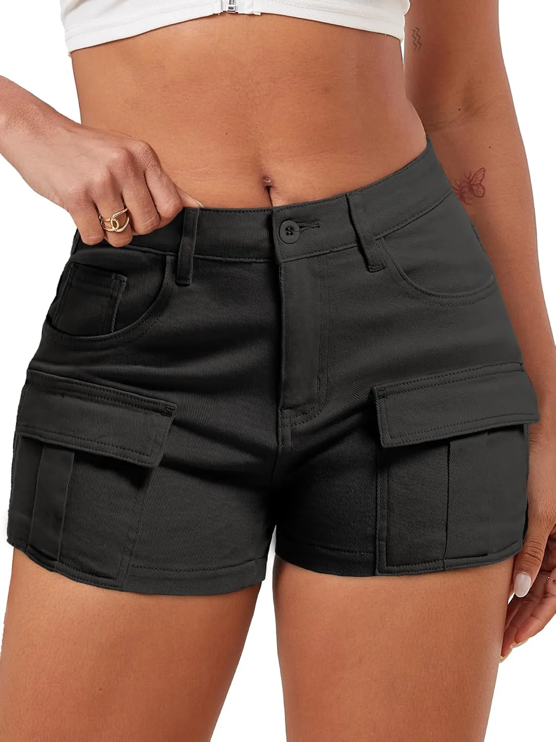 ELLEVEN High-Stretch Women's Cargo Jean Shorts, Trendy High-Waisted Cotton Denim Shorts with Pockets, Y2K Mini Denim Shorts