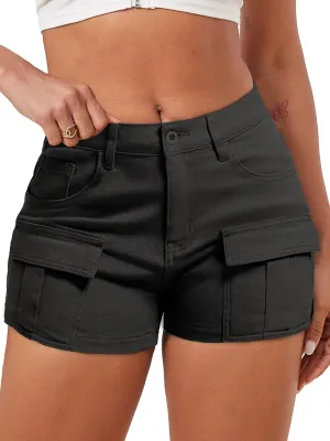 ELLEVEN High-Stretch Women's Cargo Jean Shorts, Trendy High-Waisted Cotton Denim Shorts with Pockets, Y2K Mini Denim Shorts