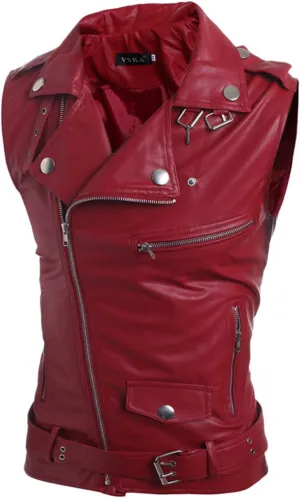 ERTG Men's Leather Vest Korean Version Slim Fit Multi Zip Lapel Short Leather Coat Work Coats for Men Big And Tall