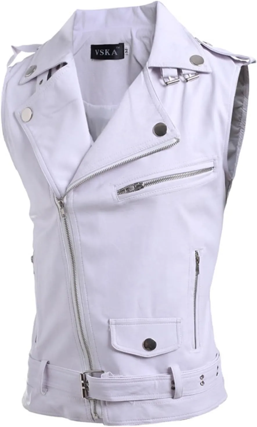 ERTG Mens Rain Jacket Lightweight Men'S Leather Vest Korean Version Slim Fit Multi Zip Lapel Short Leather Coat Work Coats For Men Big And Tall (White, M) Hoodies Sweatshirts