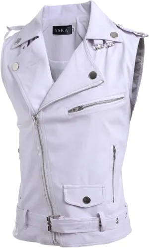 ERTG Mens Rain Jacket Lightweight Men'S Leather Vest Korean Version Slim Fit Multi Zip Lapel Short Leather Coat Work Coats For Men Big And Tall (White, M) Hoodies Sweatshirts