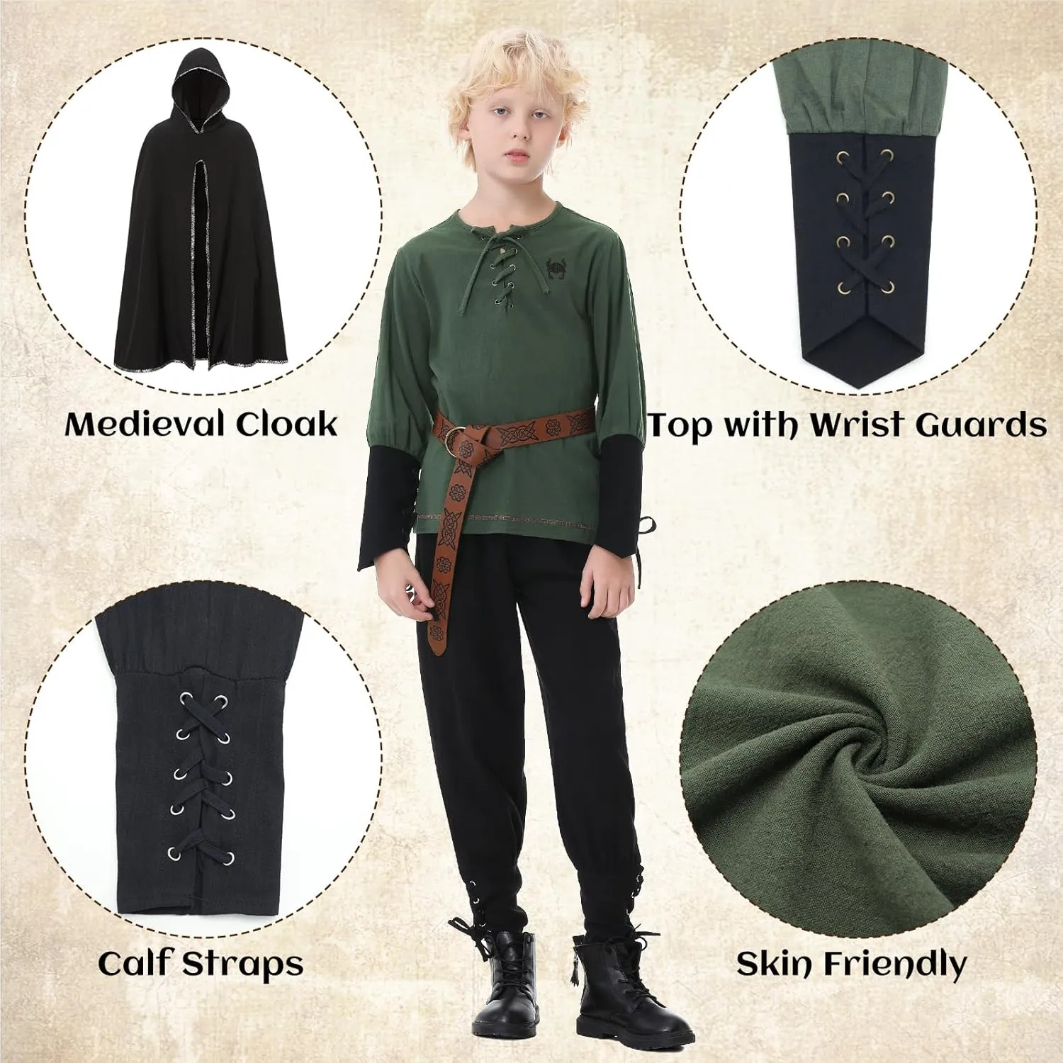 Ezuwail Boys Renaissance Costumes Outfit Kids Medieval Viking Costume Sets for Halloween, Ren Fair