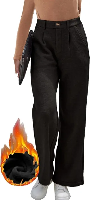 Fakanhui Women's Fleece Lined Dressy Work Pants Wide Leg High Waisted Winter Warm Casual Slacks Pants