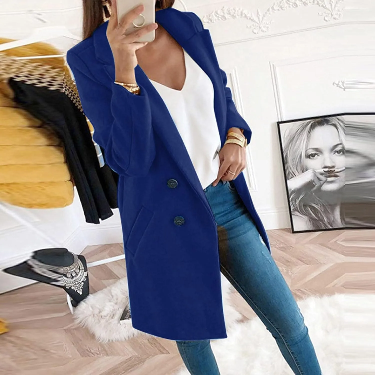 Fall Trench Coats for Women 2024 Casual Notch Lapel Single-Breasted Pea Coats Wool Blend Warm Winter Coats