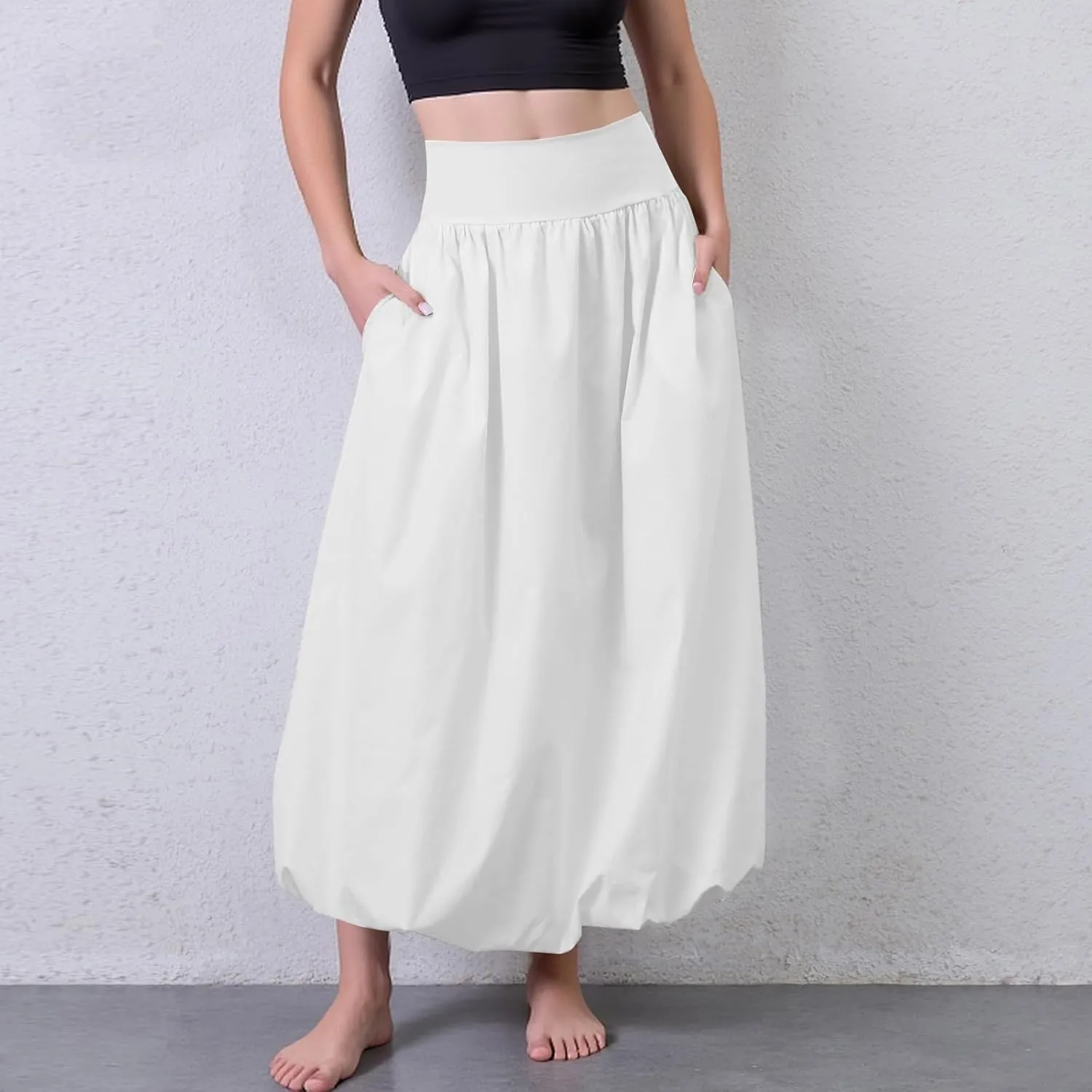 fanmpghleoo Bubble Maxi Skirts for Women Cute Elastic High Waisted Skirts Summer Y2k Casual Balloon Ruffle A Line Long Skirt
