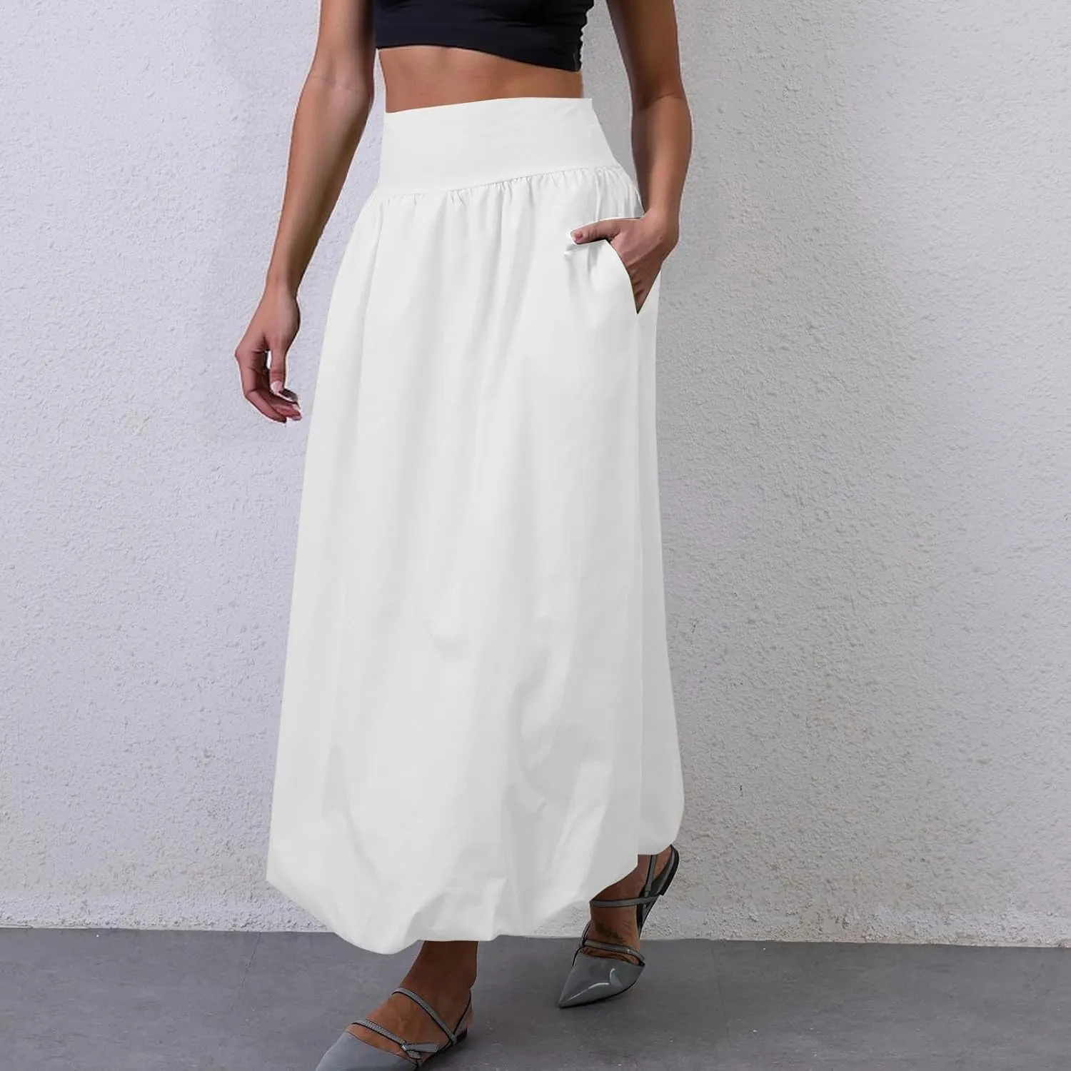 fanmpghleoo Bubble Maxi Skirts for Women Cute Elastic High Waisted Skirts Summer Y2k Casual Balloon Ruffle A Line Long Skirt