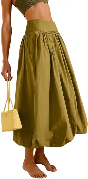 fanmpghleoo Bubble Maxi Skirts for Women Cute Elastic High Waisted Skirts Summer Y2k Casual Balloon Ruffle A Line Long Skirt