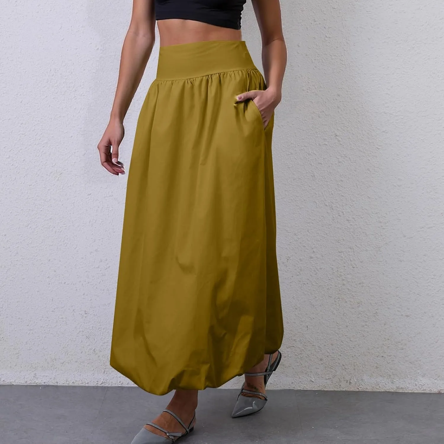 fanmpghleoo Bubble Maxi Skirts for Women Cute Elastic High Waisted Skirts Summer Y2k Casual Balloon Ruffle A Line Long Skirt