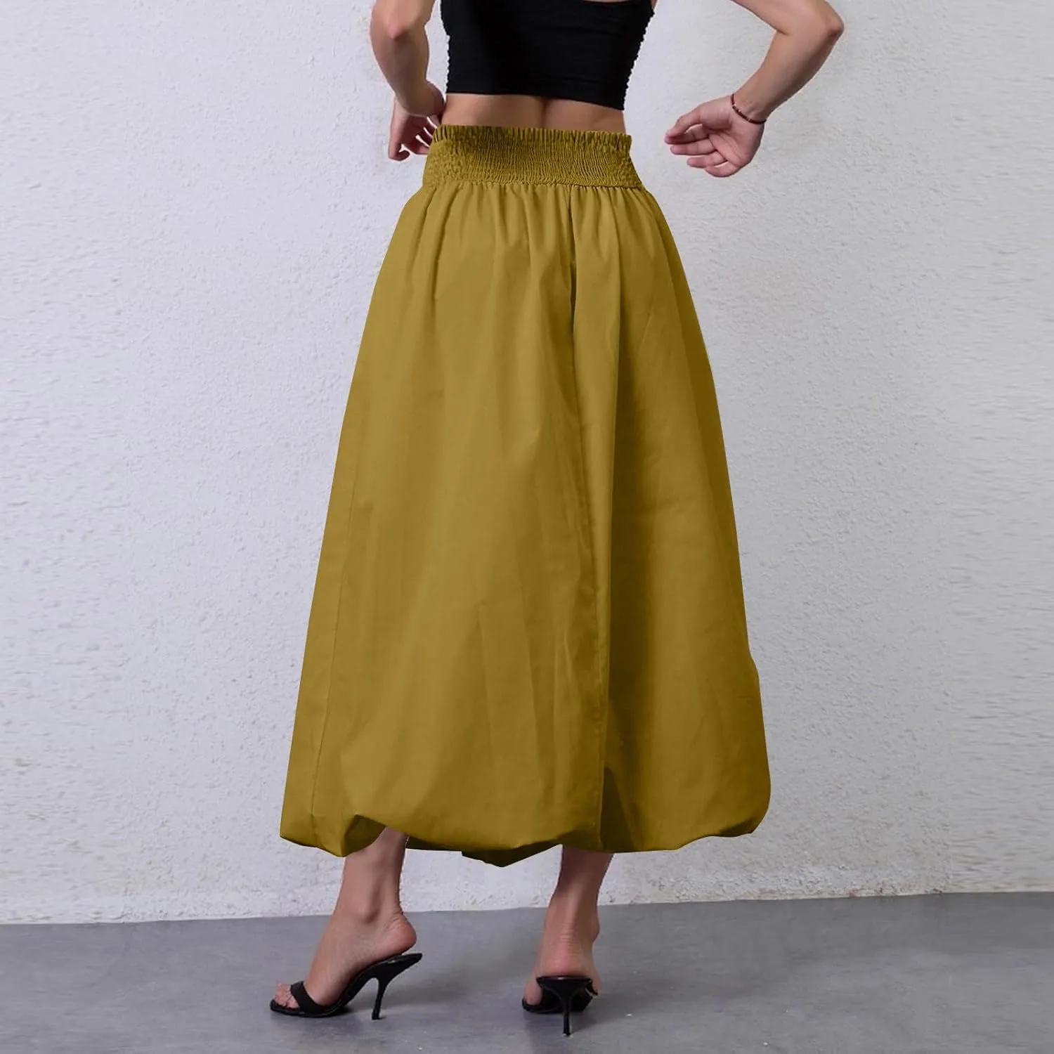 fanmpghleoo Bubble Maxi Skirts for Women Cute Elastic High Waisted Skirts Summer Y2k Casual Balloon Ruffle A Line Long Skirt
