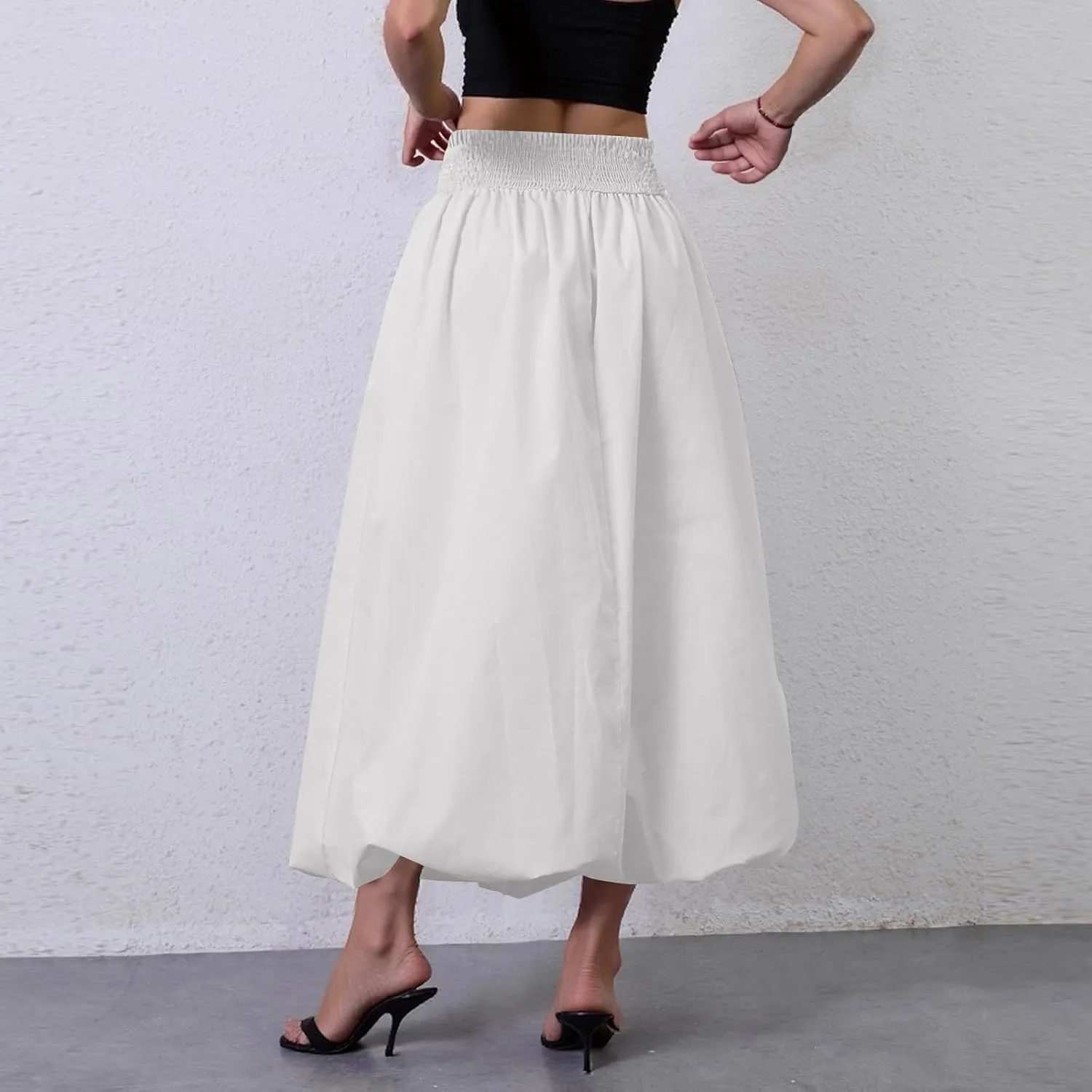fanmpghleoo Bubble Maxi Skirts for Women Cute Elastic High Waisted Skirts Summer Y2k Casual Balloon Ruffle A Line Long Skirt