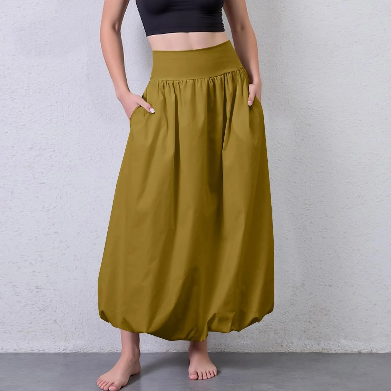 fanmpghleoo Bubble Maxi Skirts for Women Cute Elastic High Waisted Skirts Summer Y2k Casual Balloon Ruffle A Line Long Skirt