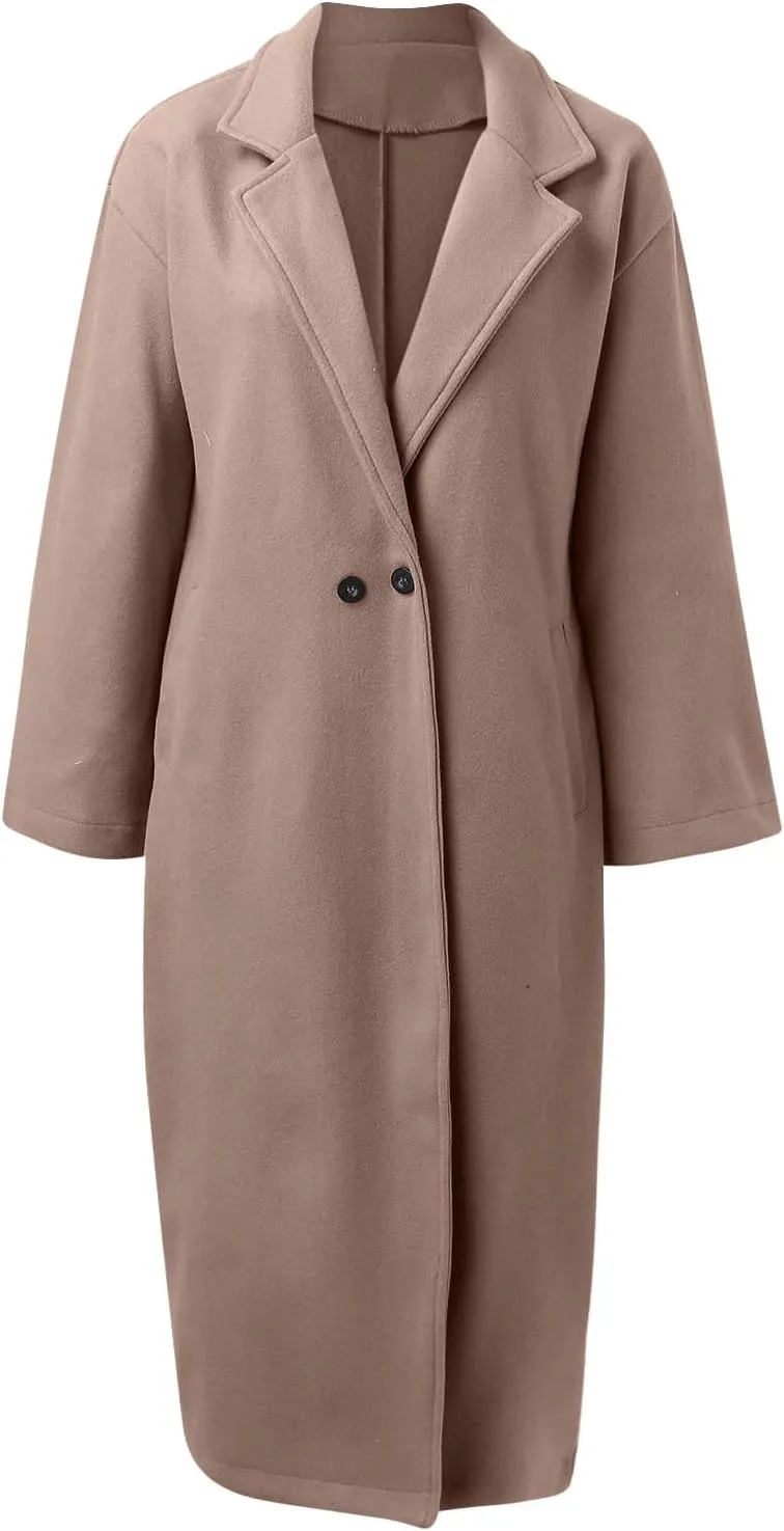 fartey Womens Trench Coat Elegant Lapel Collar Wool Blend Pea Coats Open Front Mid Long Length Office Overcoat Outwear