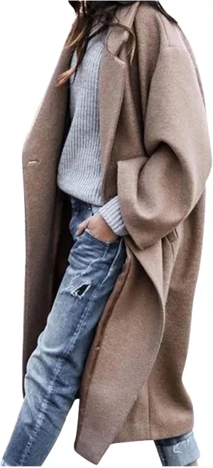 fartey Womens Trench Coat Elegant Lapel Collar Wool Blend Pea Coats Open Front Mid Long Length Office Overcoat Outwear