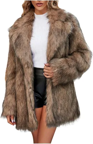 Faux Fur Winter Long Coats Women Warm Lapel Faux Fur Fuzzy Coat Jacket Overcoat Fashion Open Front Cardigan Outerwear