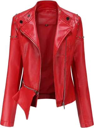 Faux Leather Jacket for Women Bomber Jacket Trendy Studded Rivet Long Sleeve Leather Jackets Moto Coat for Biker