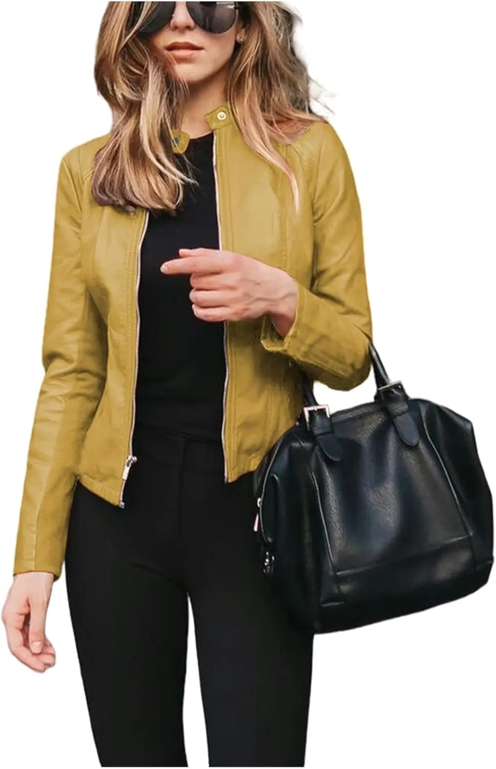 Faux Leather Jacket for Women Zip Up PU Bomber Jacket Casual Long Sleeve Vintage Coats Cropped Slim Motorcycle Coat