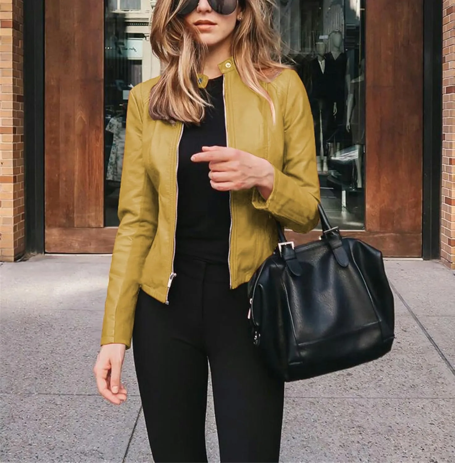 Faux Leather Jacket for Women Zip Up PU Bomber Jacket Casual Long Sleeve Vintage Coats Cropped Slim Motorcycle Coat