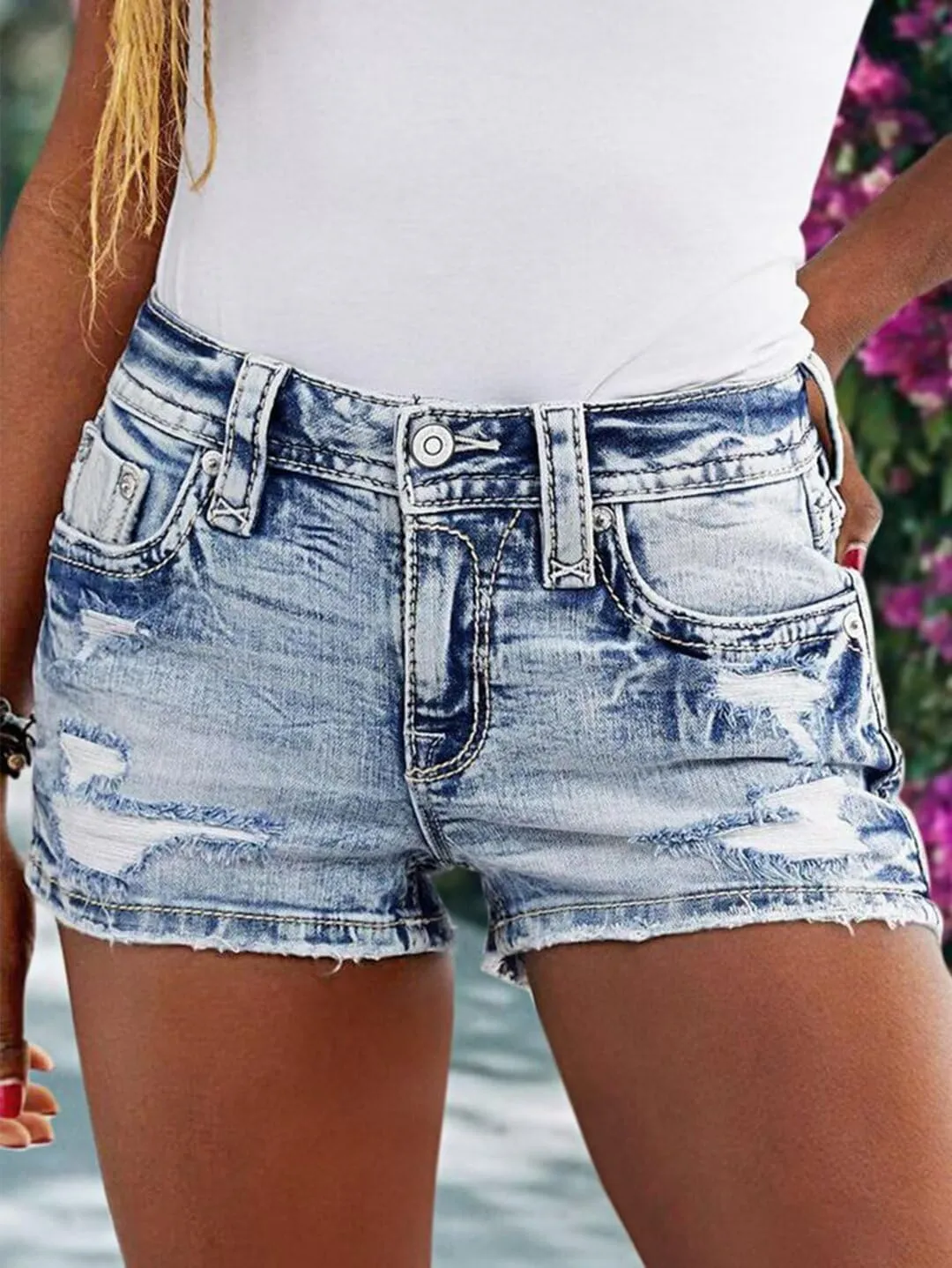 Flamingals Women's Ripped Stretchy Jean Shorts Mid Rise Skinny Denim Shorts Distressed Frayed Raw Hem Casual Summer Shorts