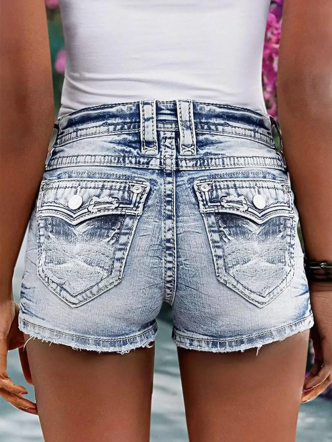 Flamingals Women's Ripped Stretchy Jean Shorts Mid Rise Skinny Denim Shorts Distressed Frayed Raw Hem Casual Summer Shorts