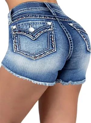 Flamingals Women's Ripped Stretchy Jean Shorts Mid Rise Skinny Denim Shorts Distressed Frayed Raw Hem Casual Summer Shorts