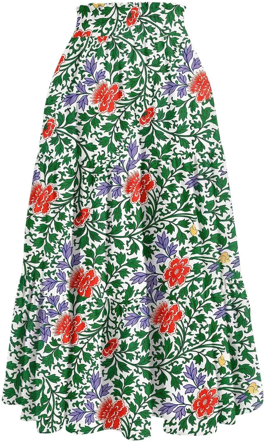 Floral Maxi Skirt for Women Summer Comfy Tiered Elastic High Waisted Skirts Vacation A-Line Flowy Swing Long Skirt