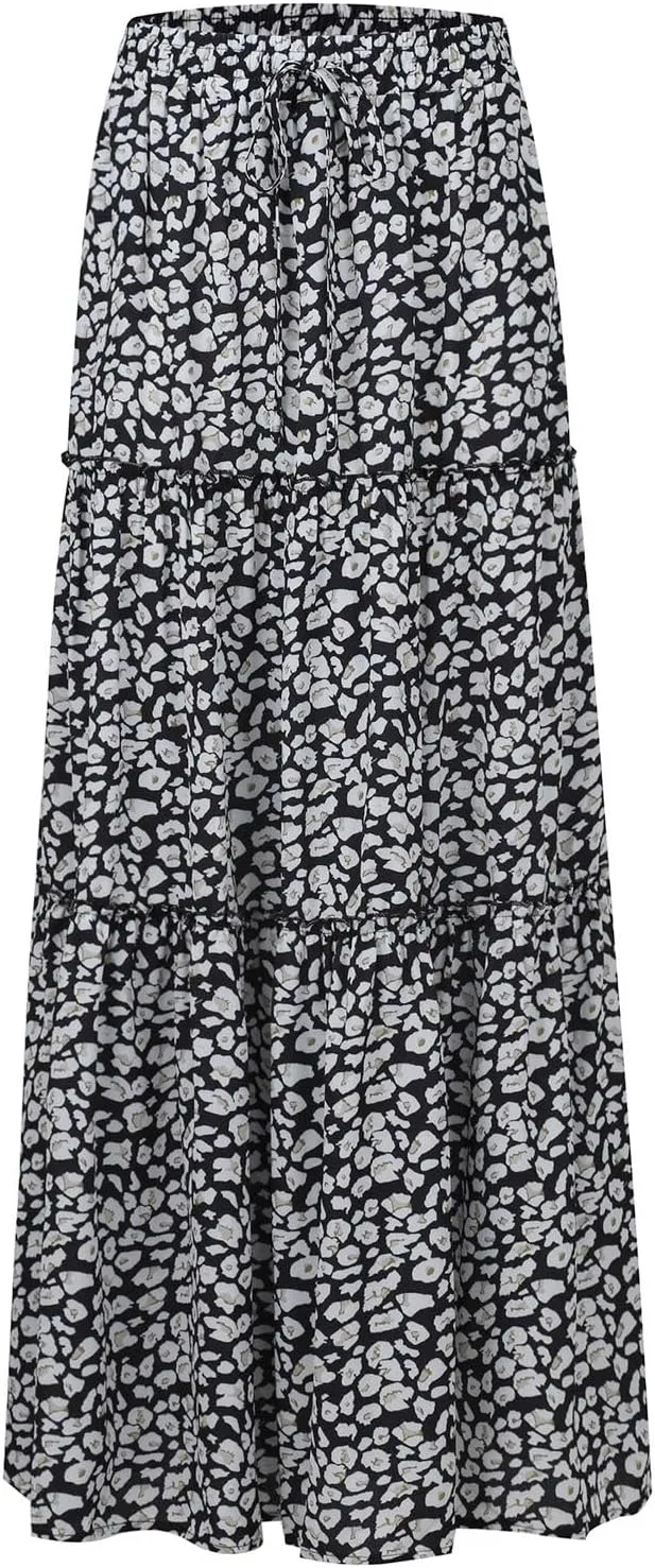 Floral Maxi Skirt with Pockets for Women 2025 Boho Flowy Drawstring Long Skirt Casual Tiered High Waisted Skirts