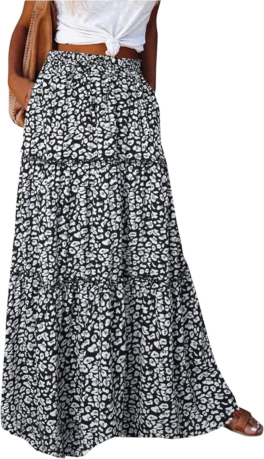 Floral Maxi Skirt with Pockets for Women 2025 Boho Flowy Drawstring Long Skirt Casual Tiered High Waisted Skirts