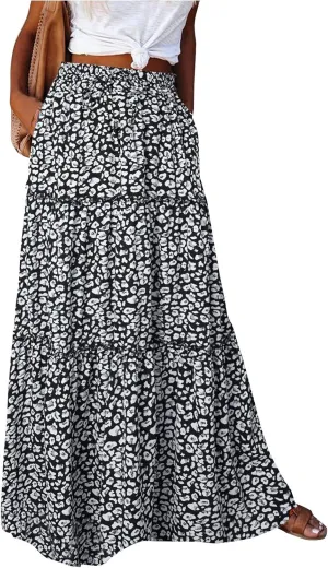 Floral Maxi Skirt with Pockets for Women 2025 Boho Flowy Drawstring Long Skirt Casual Tiered High Waisted Skirts