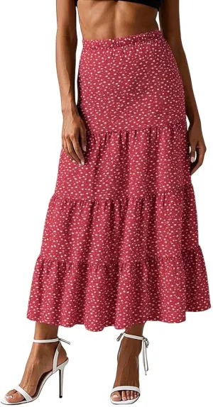 Floral Maxi Skirts for Women Flowy Boho Pleated A-Line Summer Beach Elastic Waist Splicing Swing Long Skirts