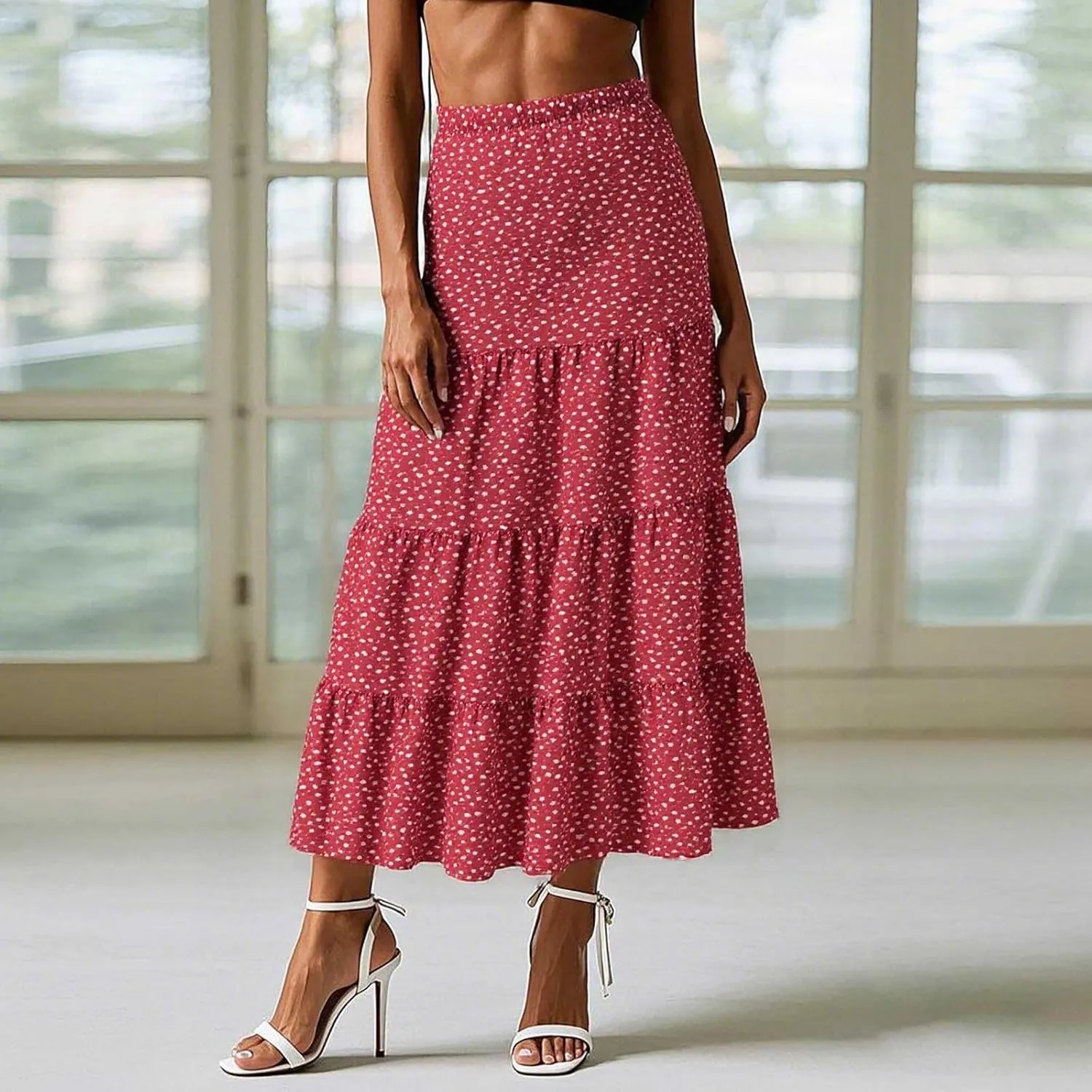 Floral Maxi Skirts for Women Flowy Boho Pleated A-Line Summer Beach Elastic Waist Splicing Swing Long Skirts