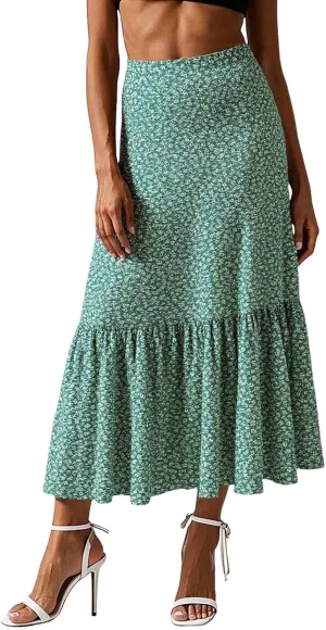 Floral Maxi Skirts for Women Flowy Boho Pleated A-Line Summer Beach Elastic Waist Splicing Swing Long Skirts